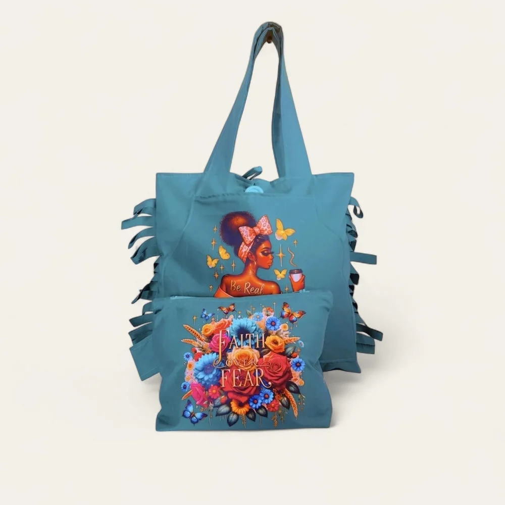 Artistic Blue Tote with Fringe Details